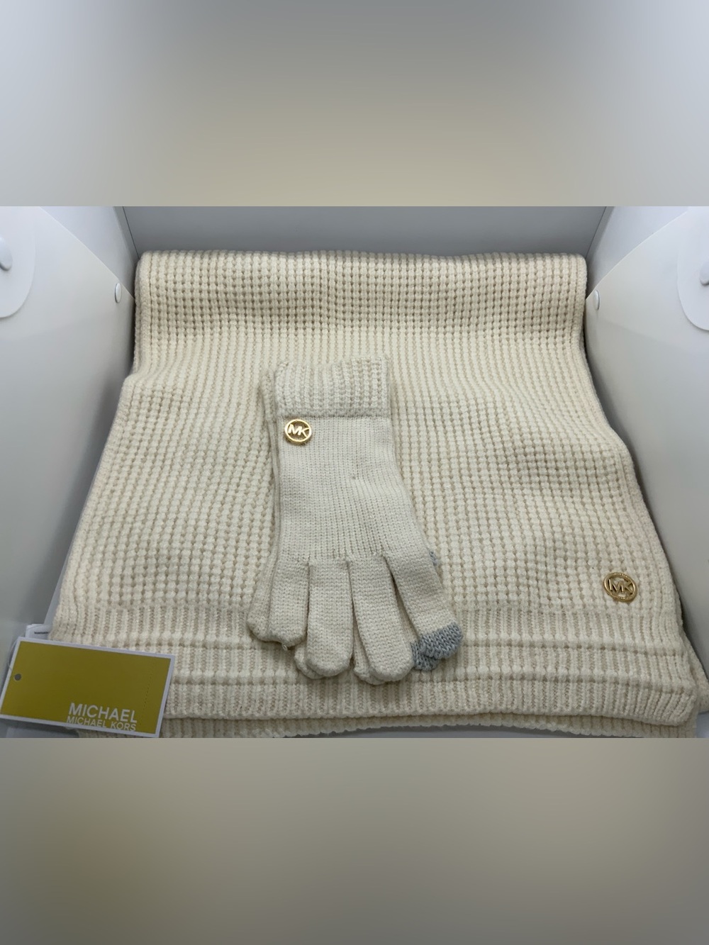 Michael Kors Cream Knit Scarf and Gloves Set